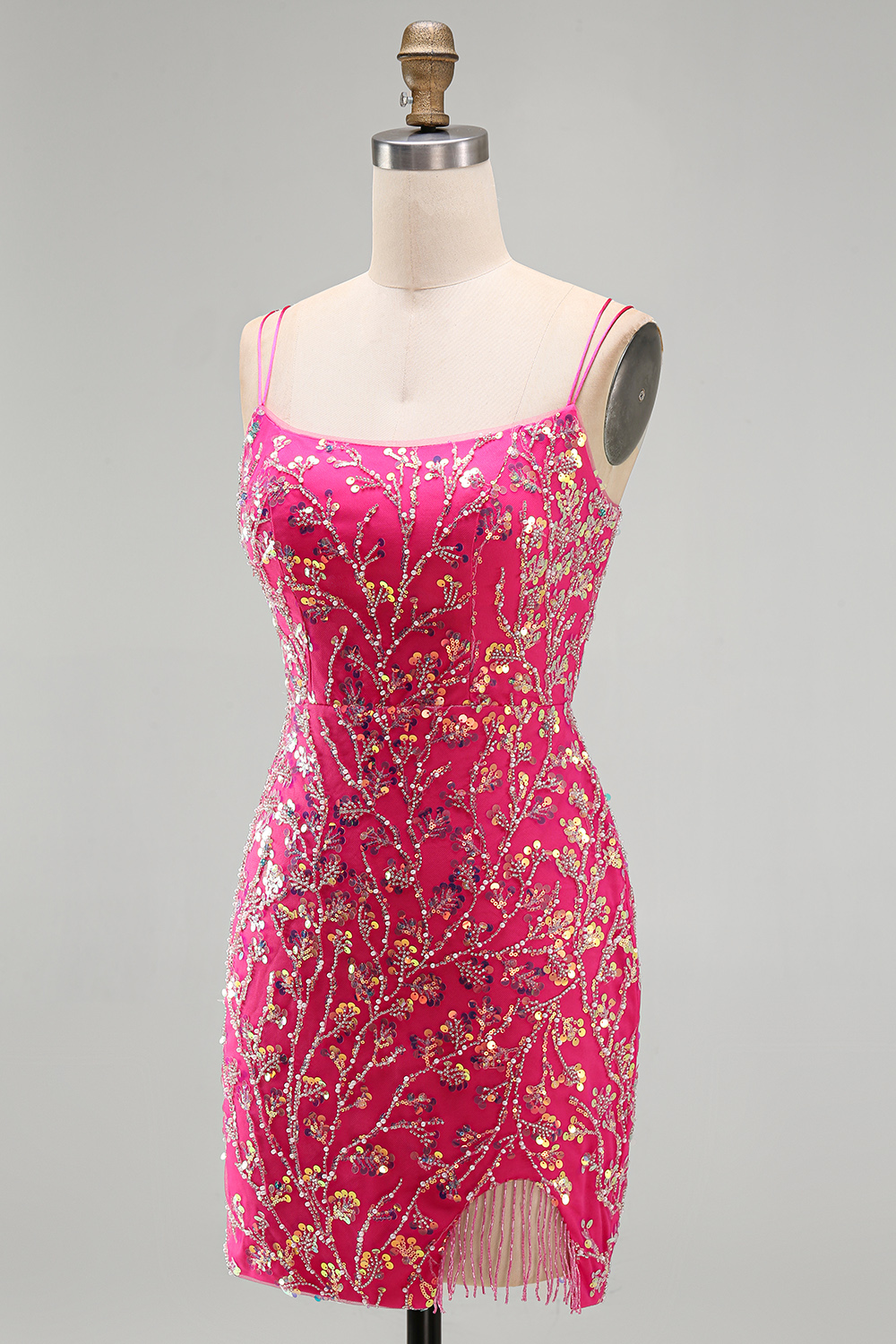 Elegant Fuchsia Beaded Tight Short Homecoming Dress with Fringes