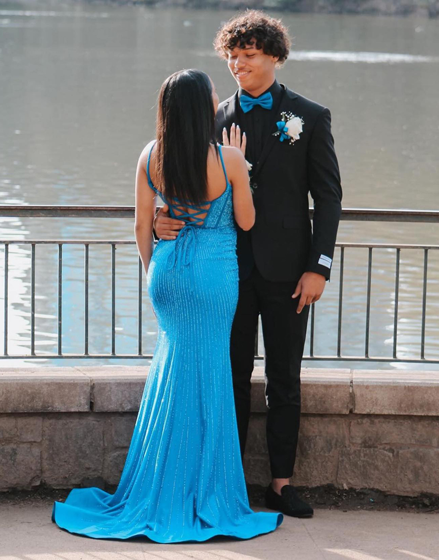 Sparkly Red Mermaid Spaghetti Straps Long Beaded Prom Dress With Split