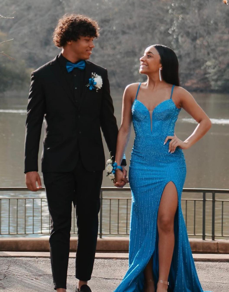 Sparkly Red Mermaid Spaghetti Straps Long Beaded Prom Dress With Split