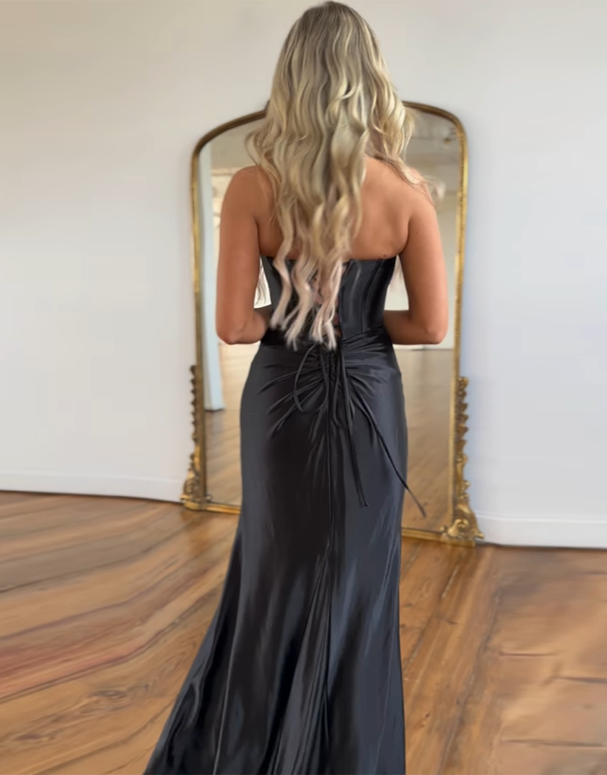 Mermaid Royal Blue Strapless Lace Up Long Satin Prom Dress With Split