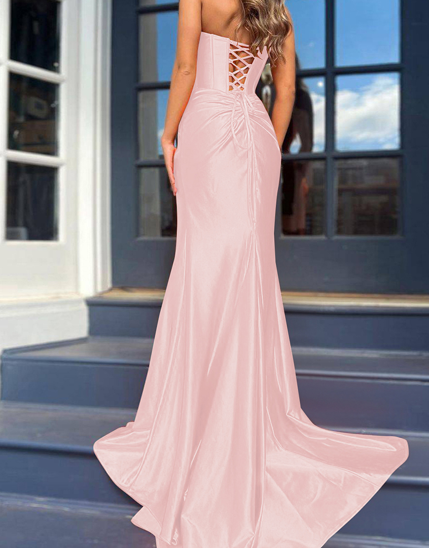 Mermaid Royal Blue Strapless Lace Up Long Satin Prom Dress With Split