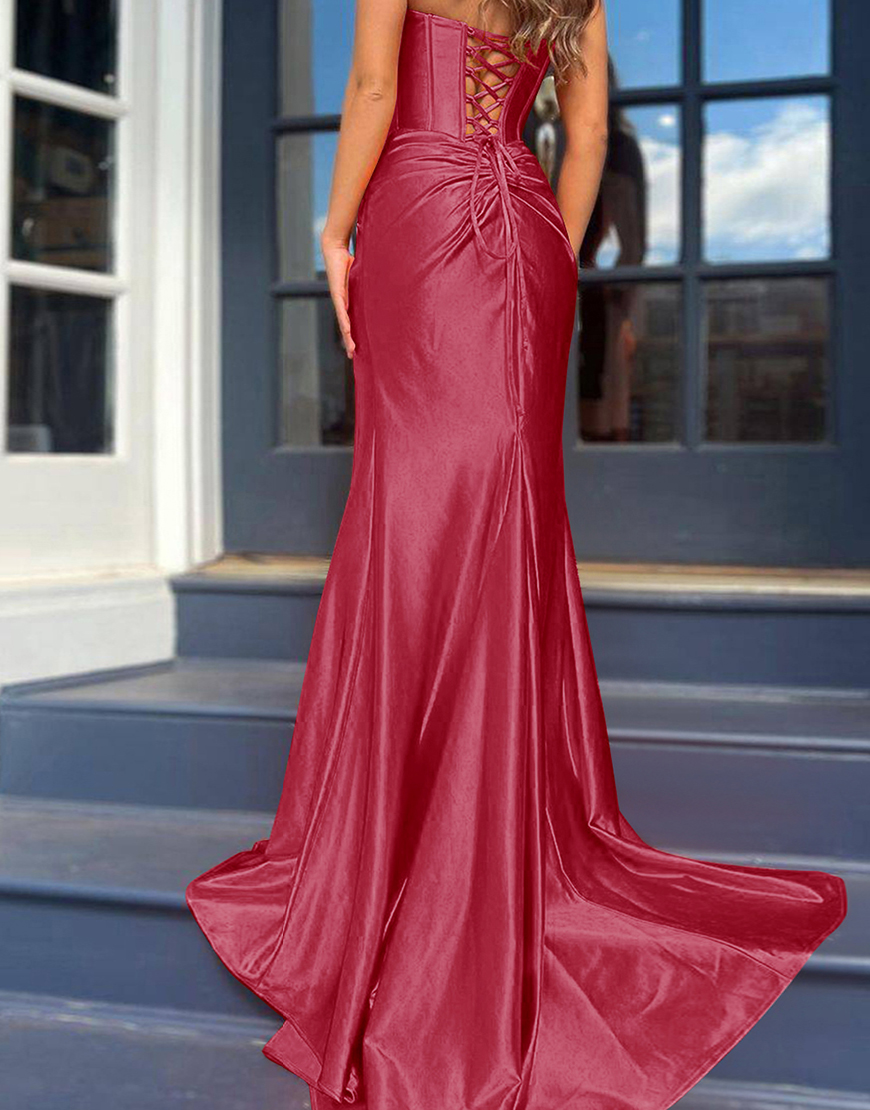 Mermaid Royal Blue Strapless Lace Up Long Satin Prom Dress With Split