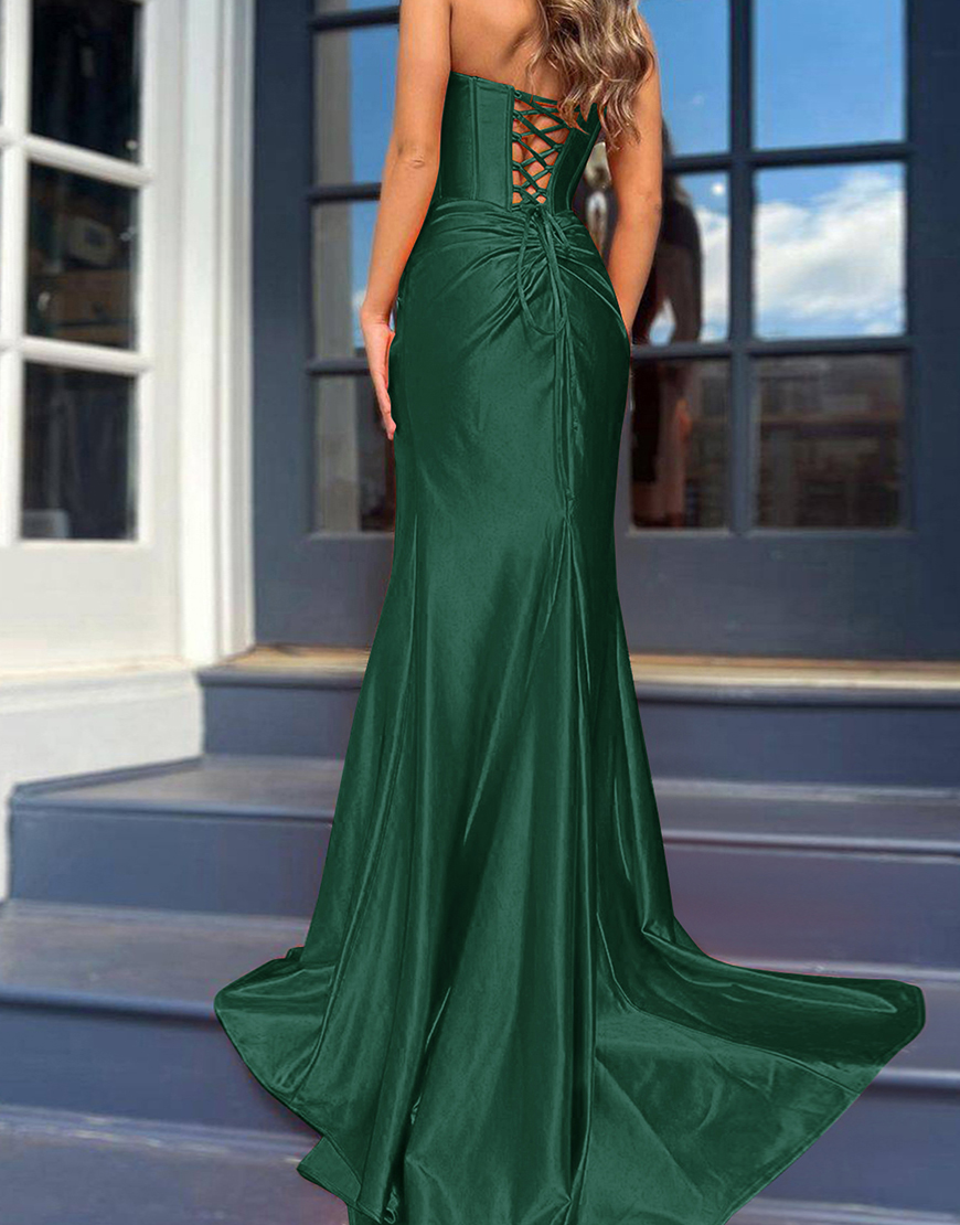 Mermaid Royal Blue Strapless Lace Up Long Satin Prom Dress With Split