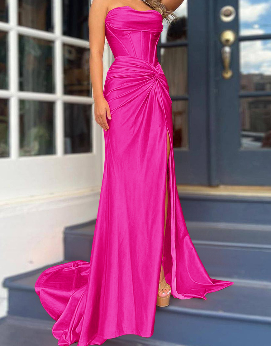 Mermaid Royal Blue Strapless Lace Up Long Satin Prom Dress With Split