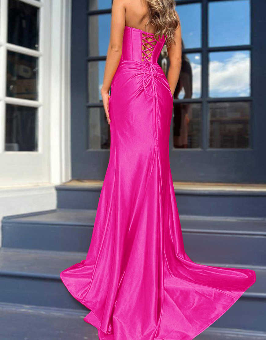 Mermaid Royal Blue Strapless Lace Up Long Satin Prom Dress With Split