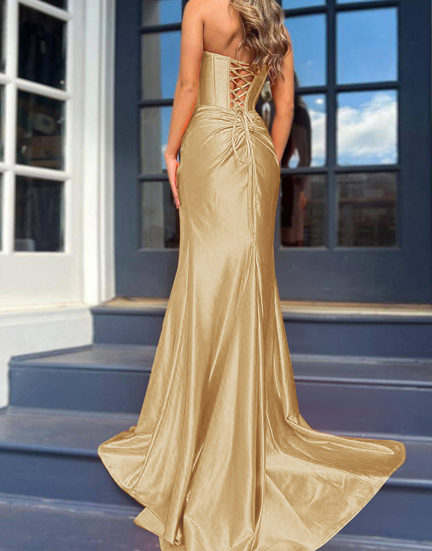 Mermaid Royal Blue Strapless Lace Up Long Satin Prom Dress With Split