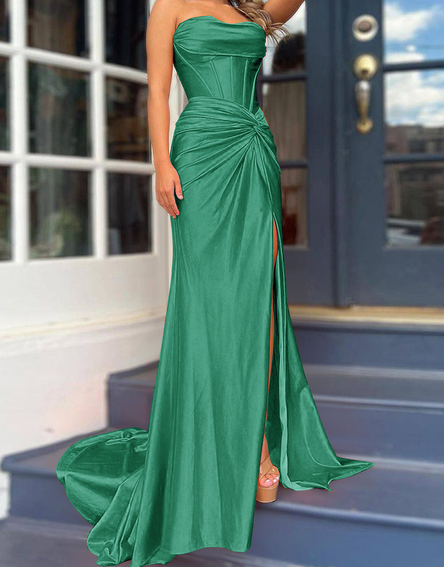 Mermaid Royal Blue Strapless Lace Up Long Satin Prom Dress With Split