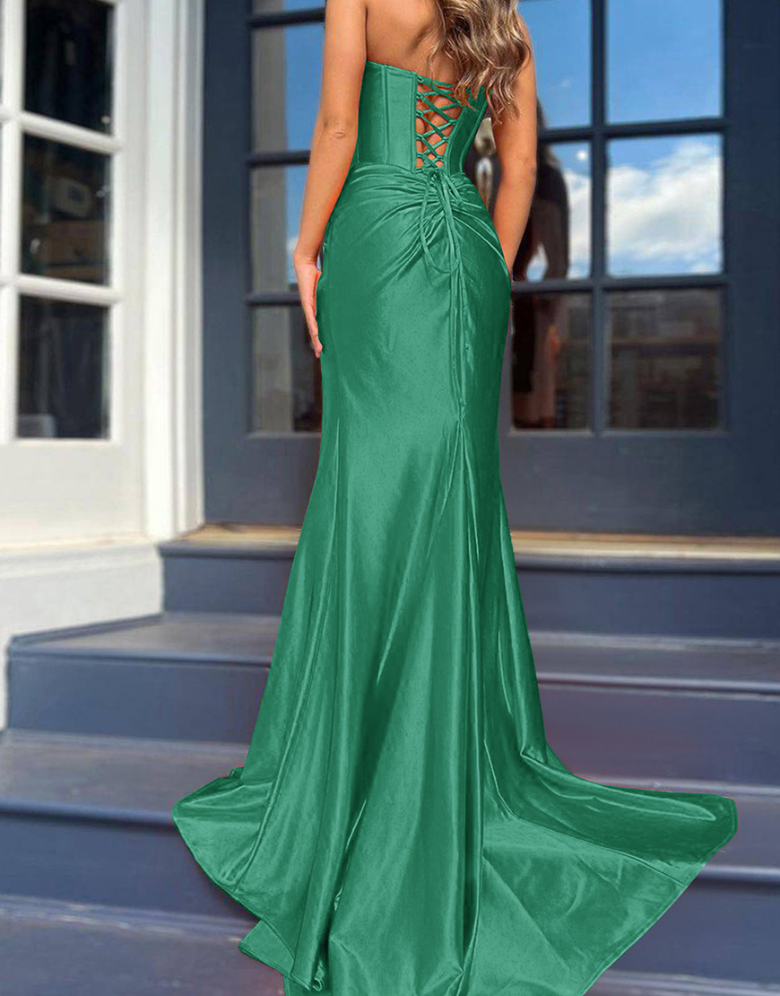 Mermaid Royal Blue Strapless Lace Up Long Satin Prom Dress With Split