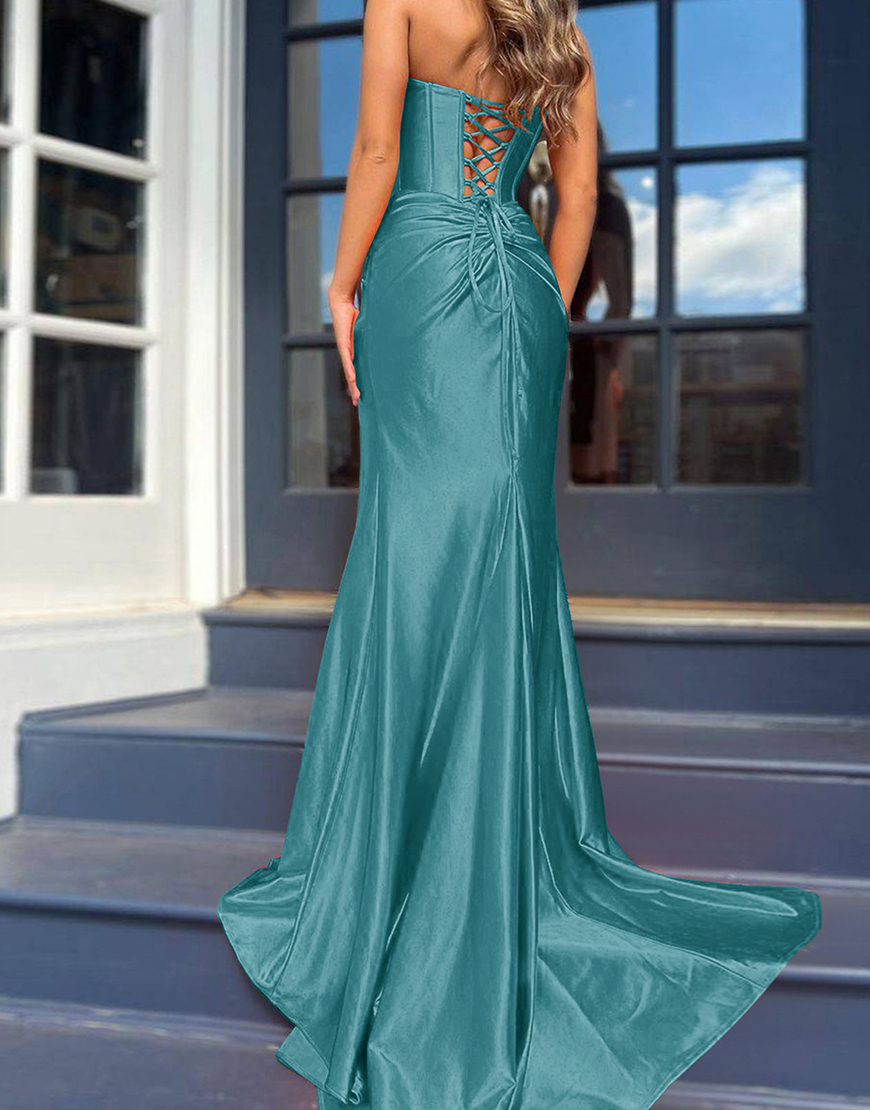 Mermaid Royal Blue Strapless Lace Up Long Satin Prom Dress With Split