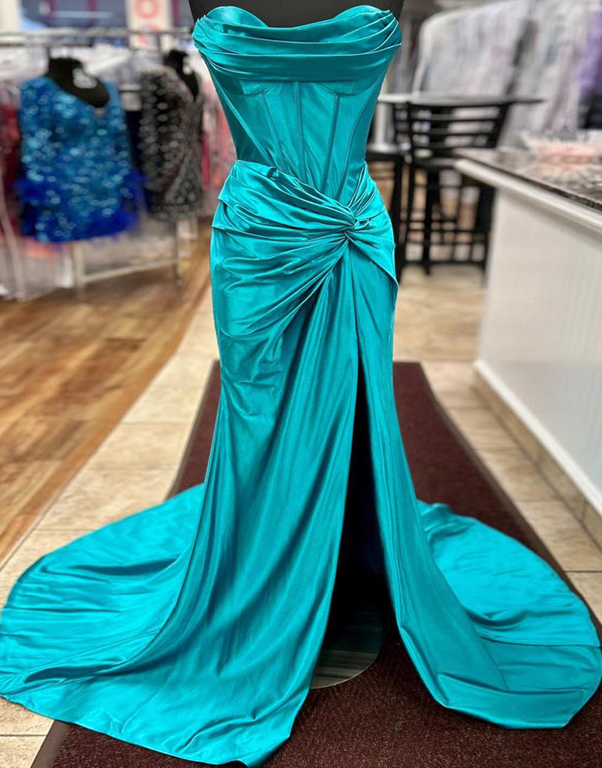 Mermaid Royal Blue Strapless Lace Up Long Satin Prom Dress With Split