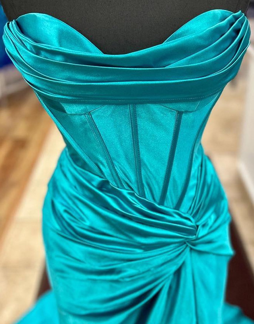 Mermaid Royal Blue Strapless Lace Up Long Satin Prom Dress With Split