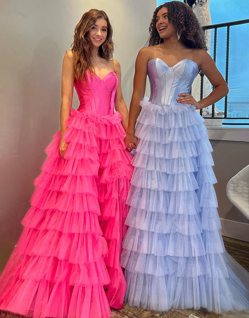 A-Line Sweetheart Black Long Ruffle Tulle Prom Dress With Split