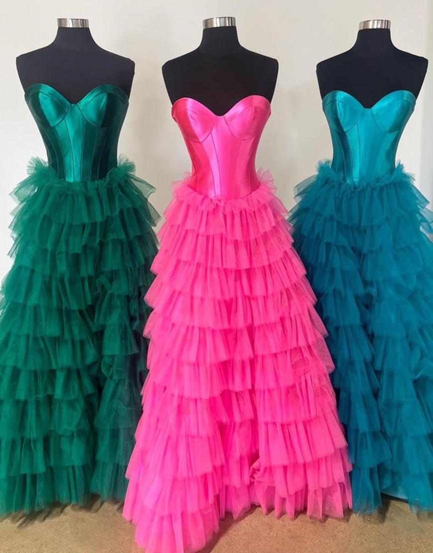 A-Line Sweetheart Black Long Ruffle Tulle Prom Dress With Split