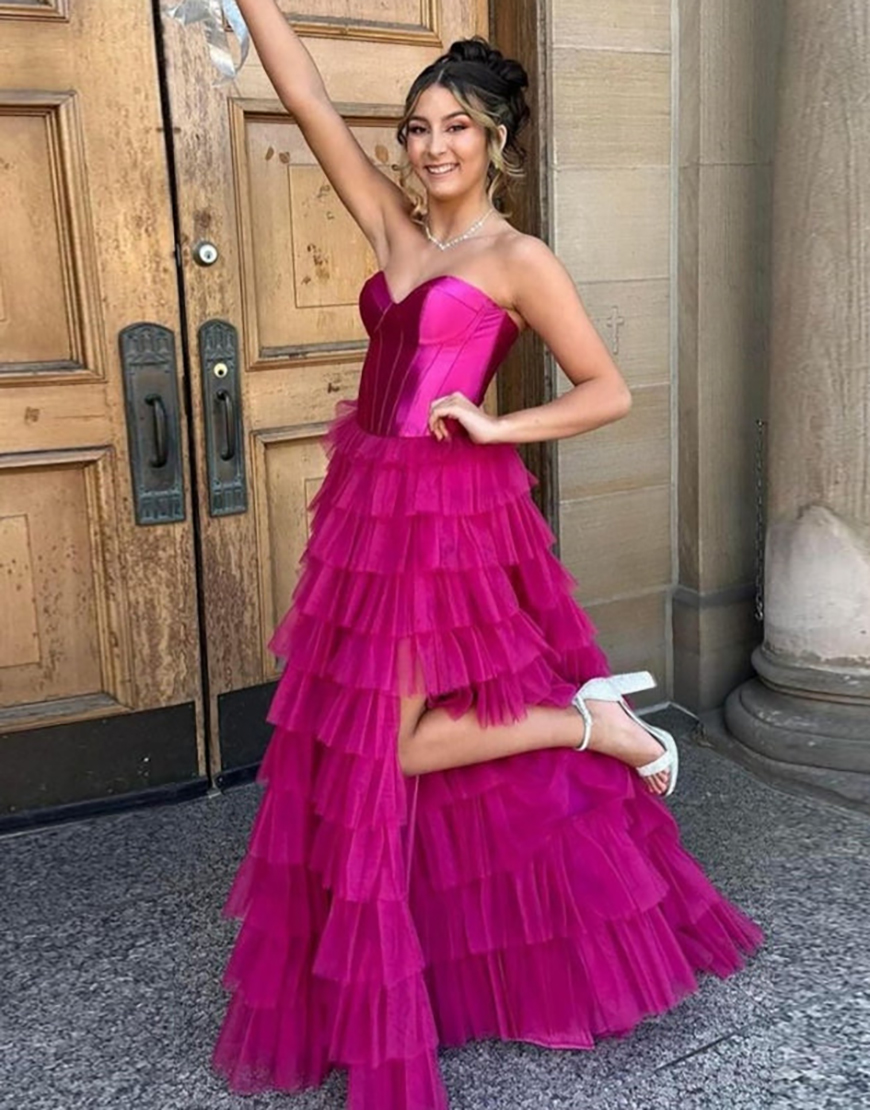 A-Line Sweetheart Black Long Ruffle Tulle Prom Dress With Split