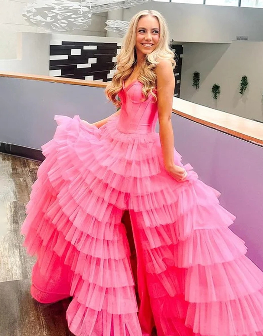 A-Line Sweetheart Black Long Ruffle Tulle Prom Dress With Split