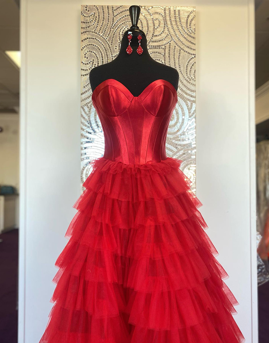 A-Line Sweetheart Black Long Ruffle Tulle Prom Dress With Split