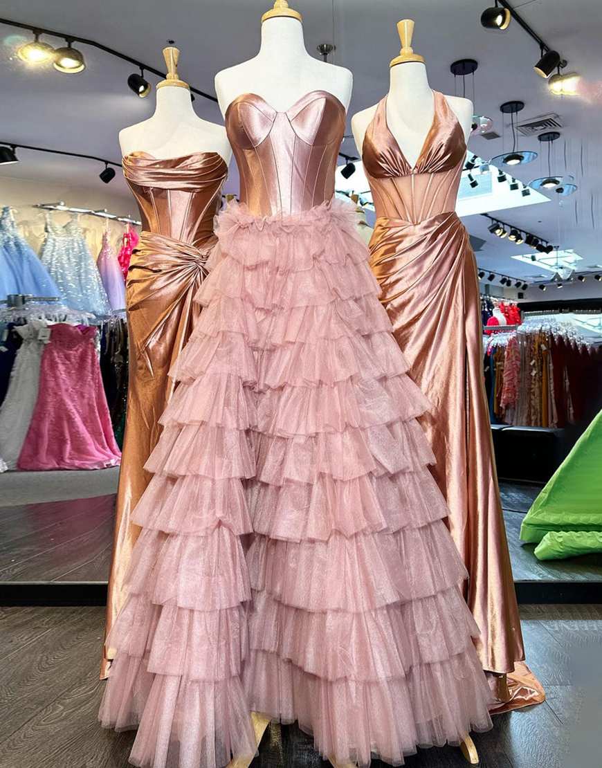 A-Line Sweetheart Black Long Ruffle Tulle Prom Dress With Split