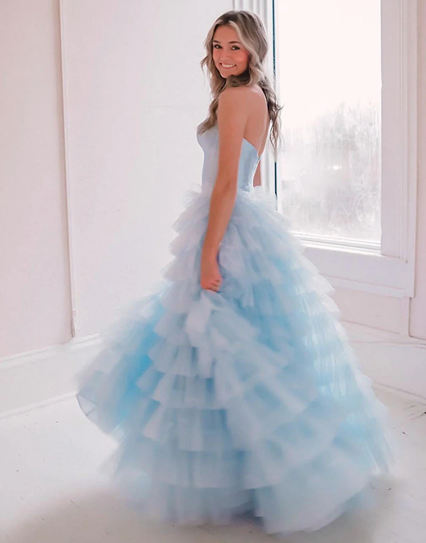 A-Line Sweetheart Black Long Ruffle Tulle Prom Dress With Split