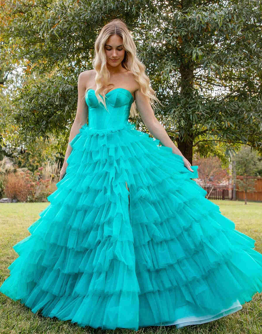 A-Line Sweetheart Black Long Ruffle Tulle Prom Dress With Split