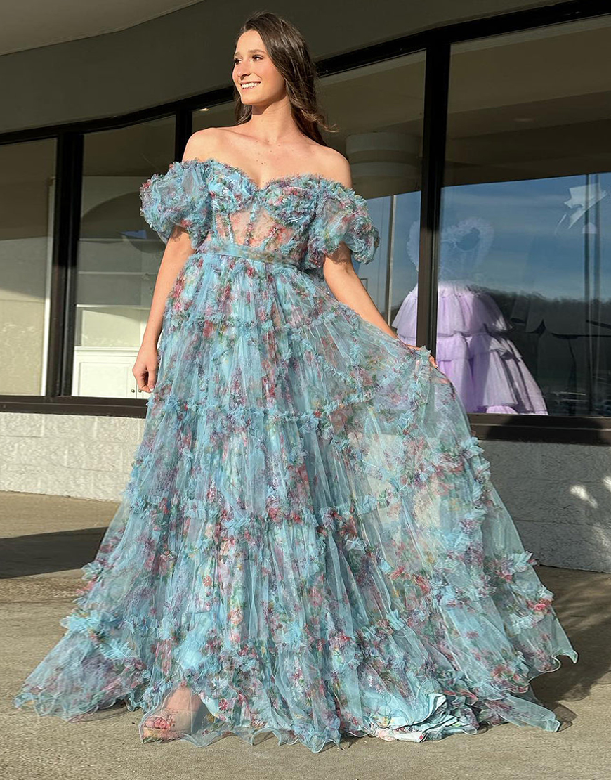 A-Line Off The Shoulder Long Tulle Prom Party Dress With Belt