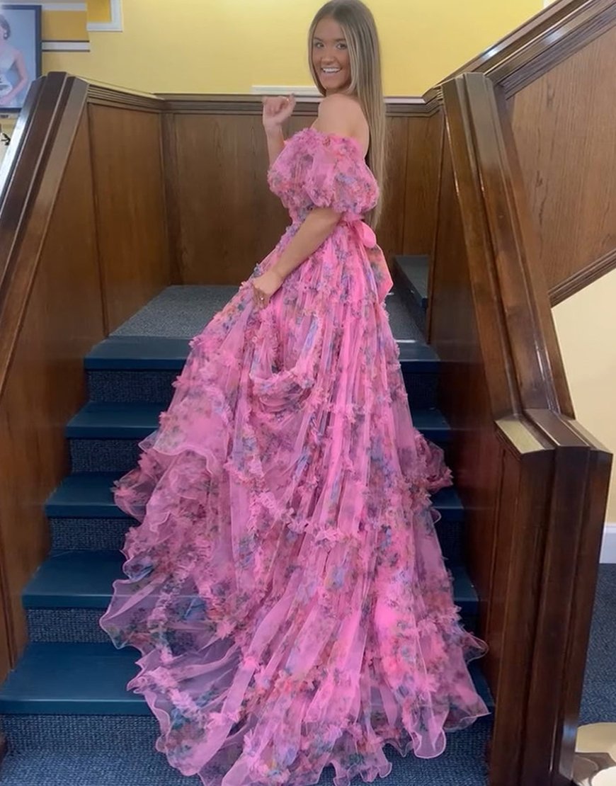 A-Line Off The Shoulder Long Tulle Prom Party Dress With Belt