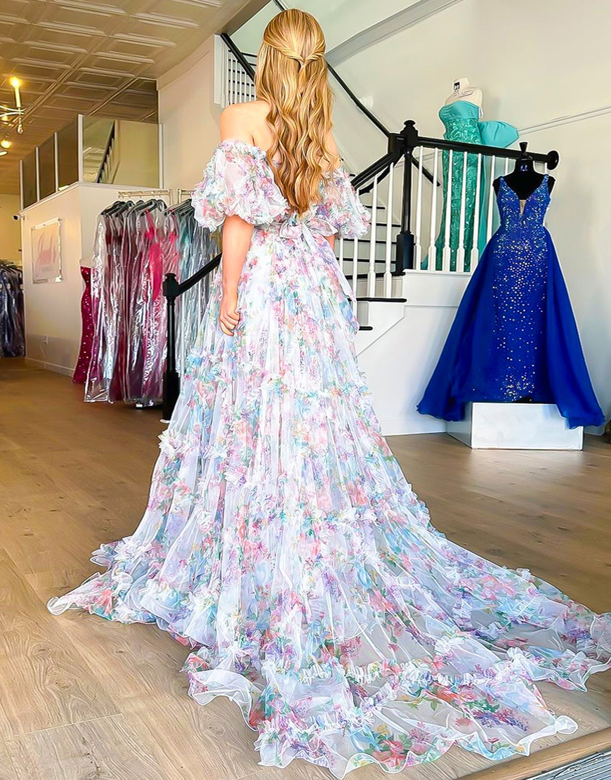 A-Line Off The Shoulder Long Tulle Prom Party Dress With Belt