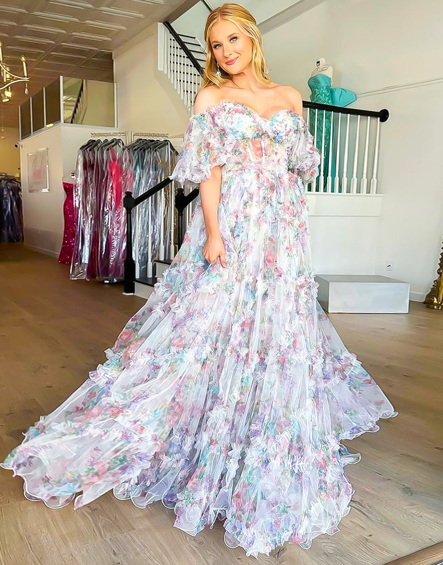 A-Line Off The Shoulder Long Tulle Prom Party Dress With Belt