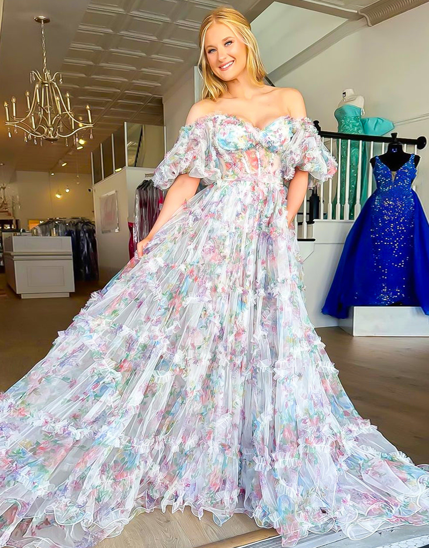 A-Line Off The Shoulder Long Tulle Prom Party Dress With Belt