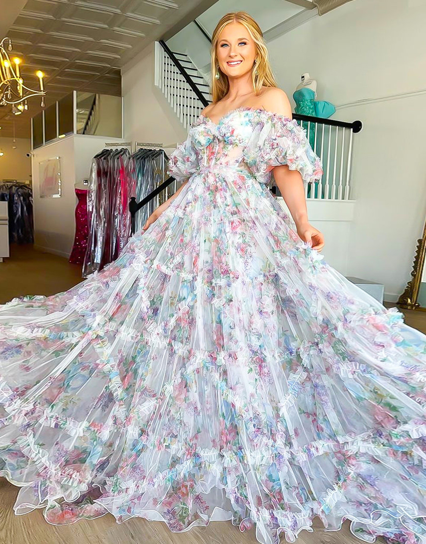 A-Line Off The Shoulder Long Tulle Prom Party Dress With Belt