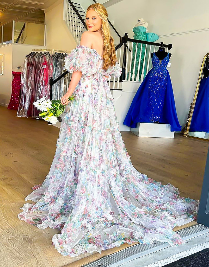 A-Line Off The Shoulder Long Tulle Prom Party Dress With Belt