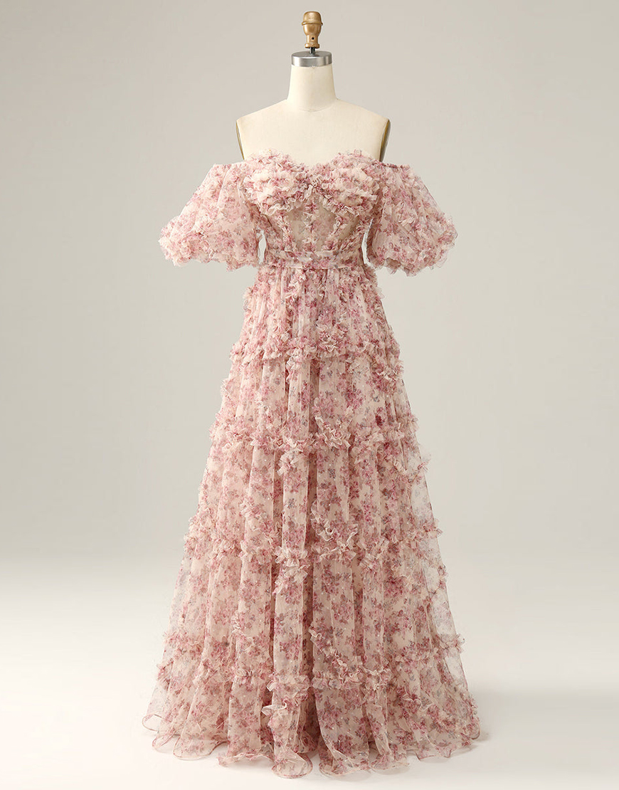 A-Line Off The Shoulder Long Tulle Prom Party Dress With Belt