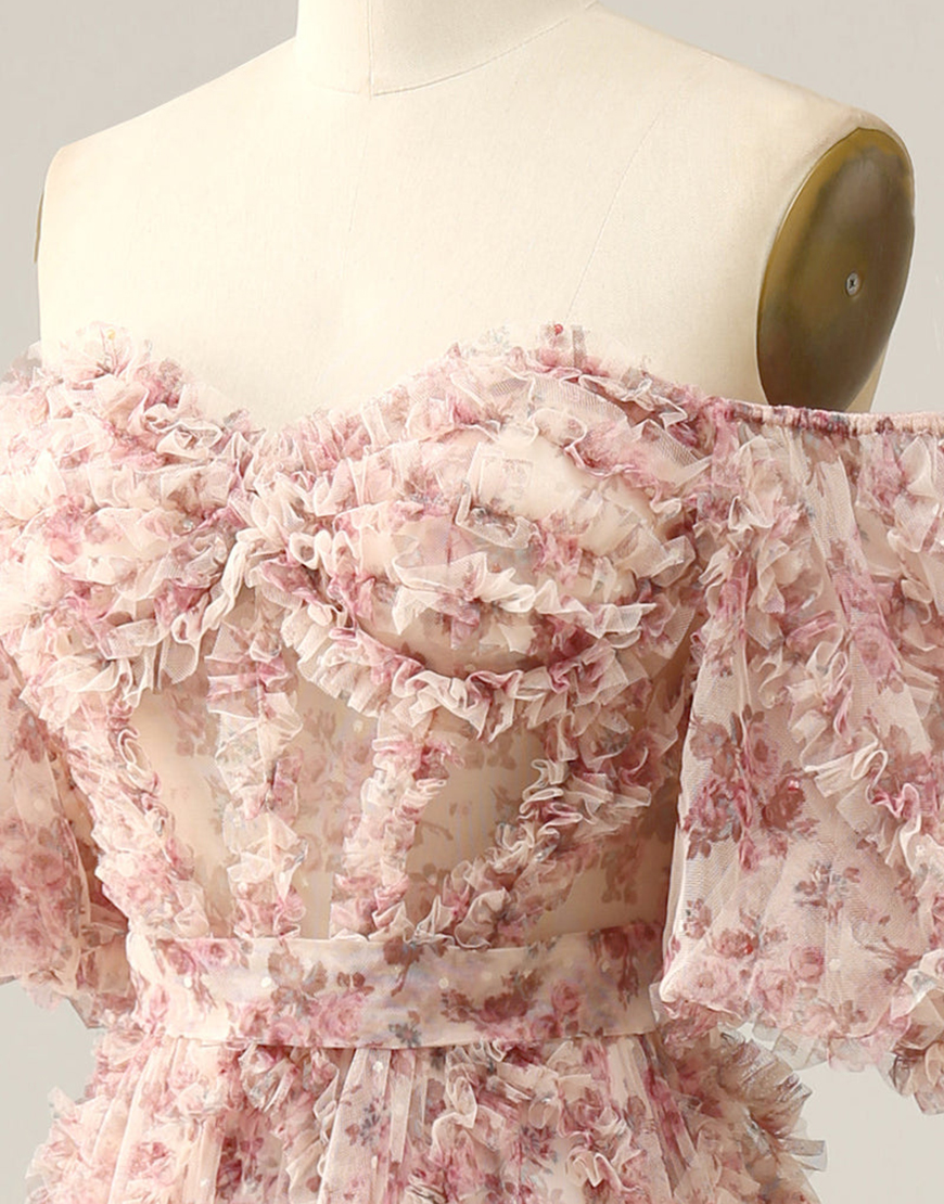 A-Line Off The Shoulder Long Tulle Prom Party Dress With Belt