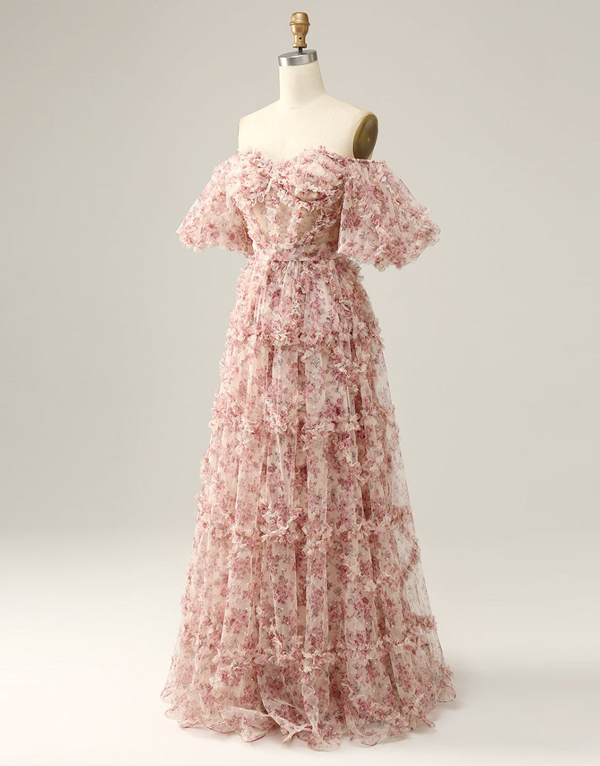 A-Line Off The Shoulder Long Tulle Prom Party Dress With Belt