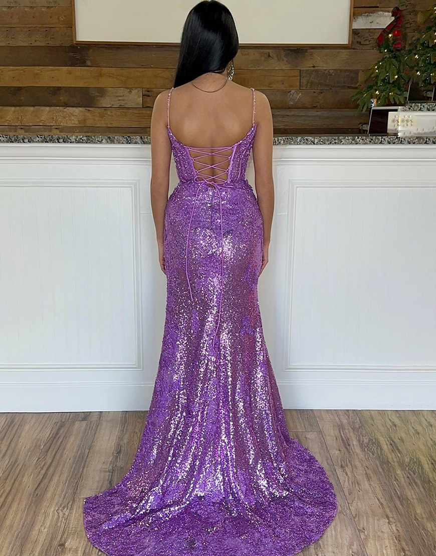 Sparkly Spaghetti Straps Lace Up Long Corset Prom Dress With Split