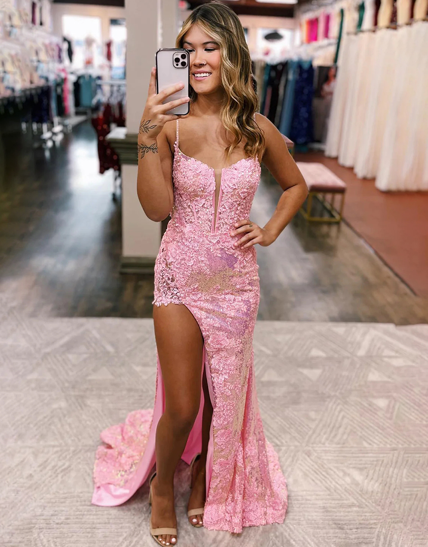 Sparkly Spaghetti Straps Lace Up Long Corset Prom Dress With Split