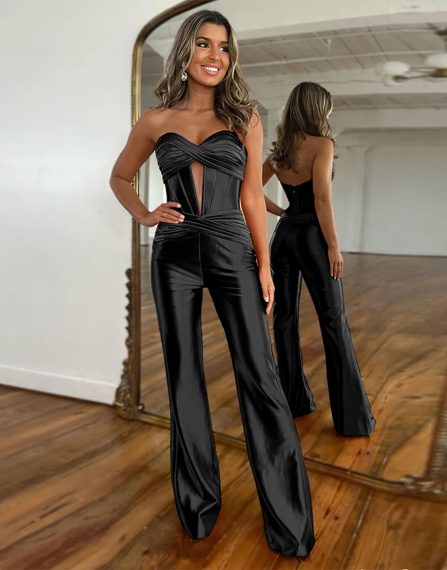 Newly Red Sweetheart Zipper Back Long Satin Prom Jumpsuit