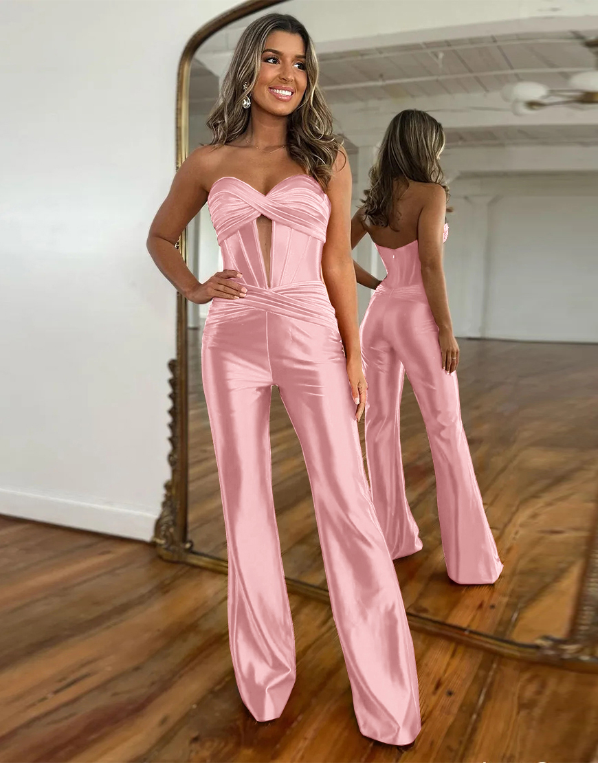 Newly Red Sweetheart Zipper Back Long Satin Prom Jumpsuit