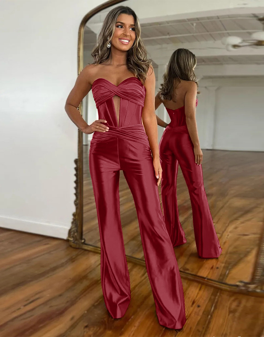 Newly Red Sweetheart Zipper Back Long Satin Prom Jumpsuit
