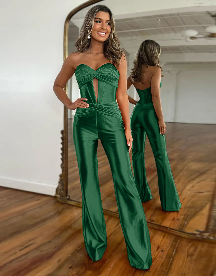 Newly Red Sweetheart Zipper Back Long Satin Prom Jumpsuit