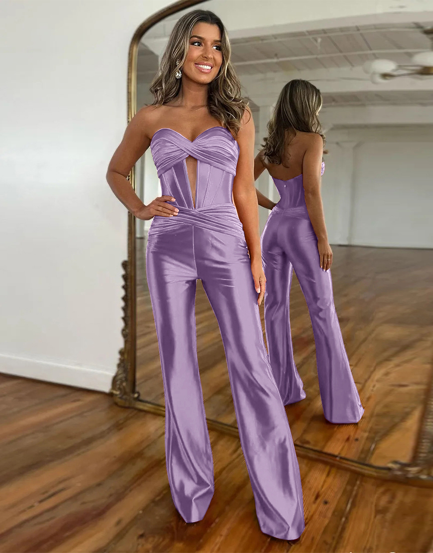 Newly Red Sweetheart Zipper Back Long Satin Prom Jumpsuit