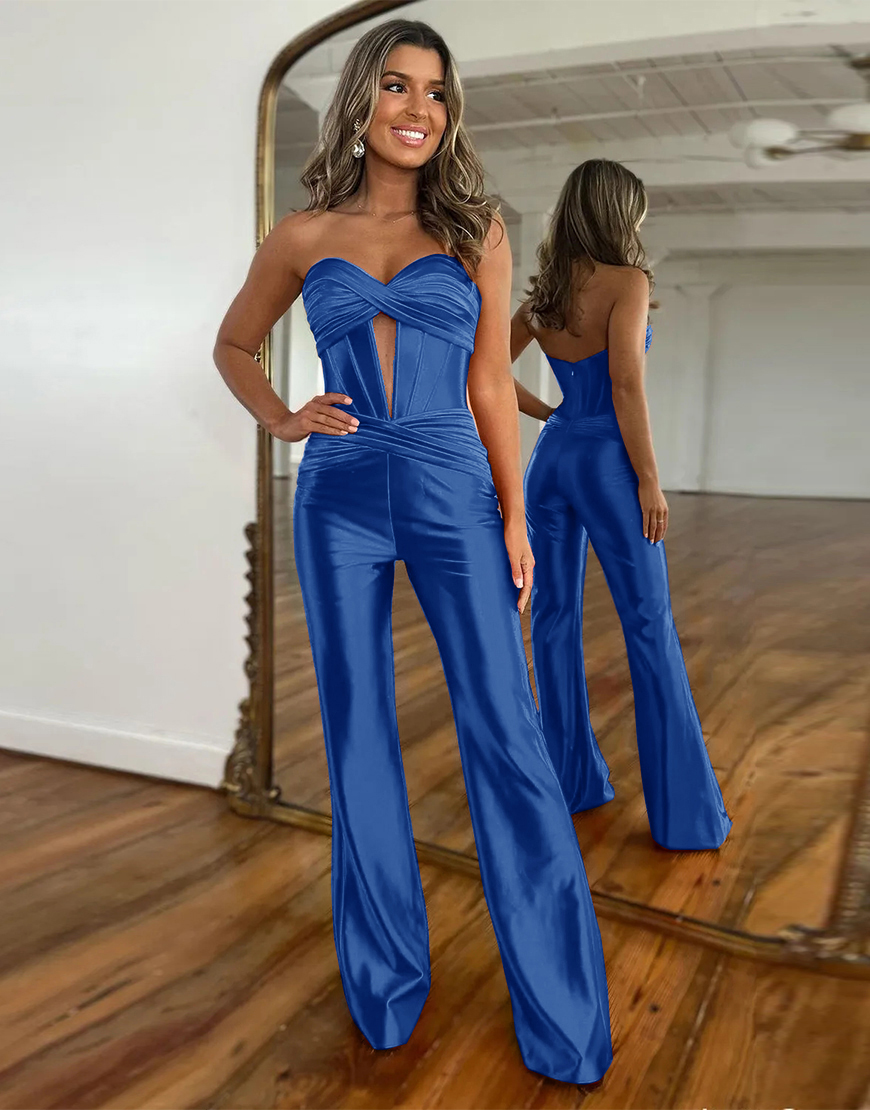 Newly Red Sweetheart Zipper Back Long Satin Prom Jumpsuit