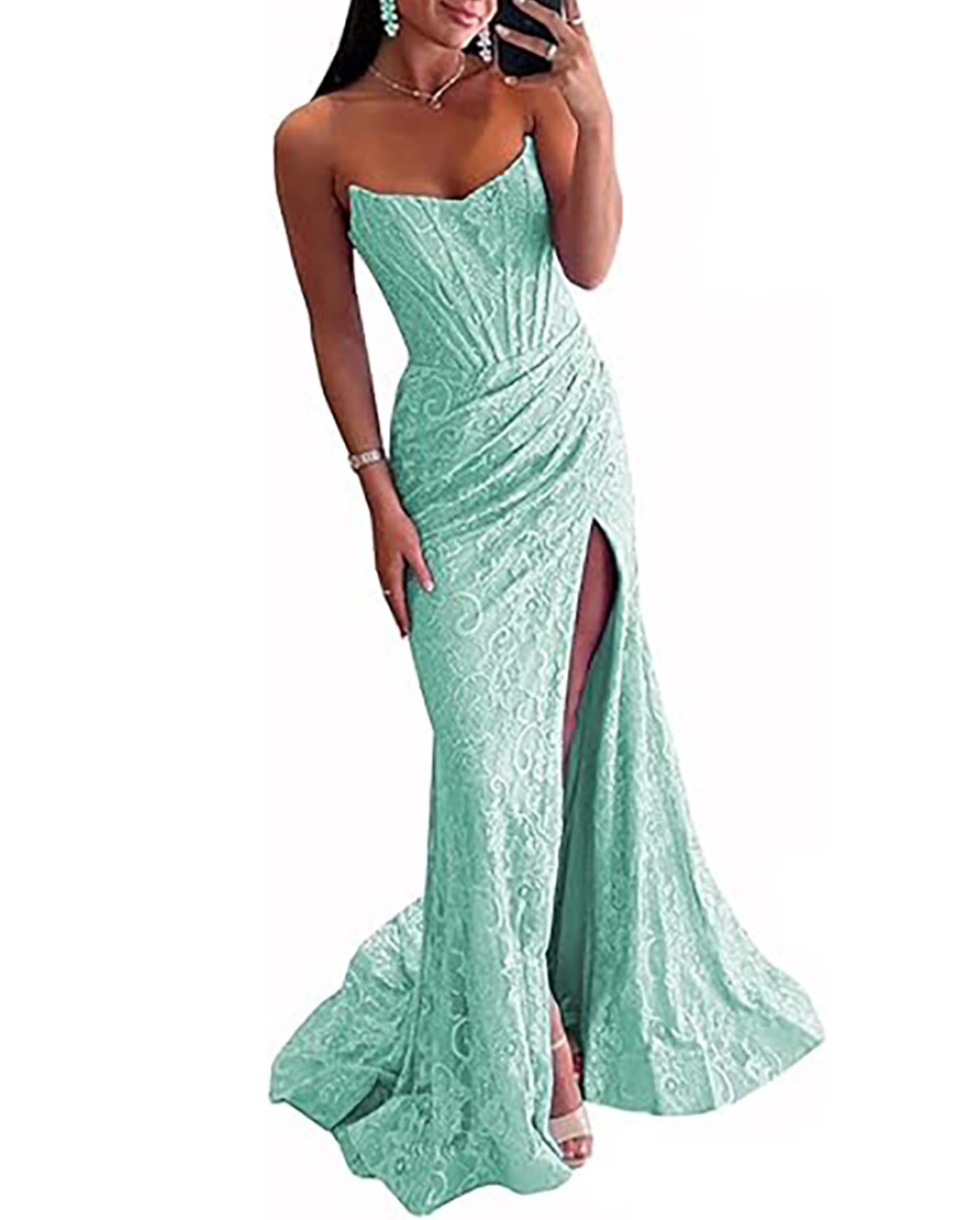 Gorgeous Royal Blue Mermaid Corset Strapless Long Prom Dress with Slit
