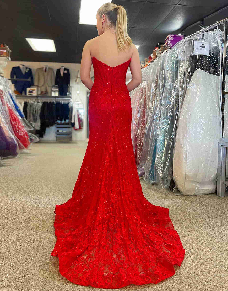 Glitter Mermaid Strapless Sweep Train Lace Prom Dress With Slit