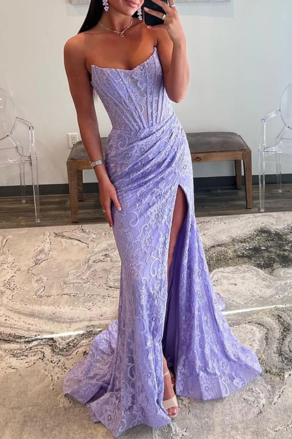 Gorgeous Royal Blue Mermaid Corset Strapless Long Prom Dress with Slit