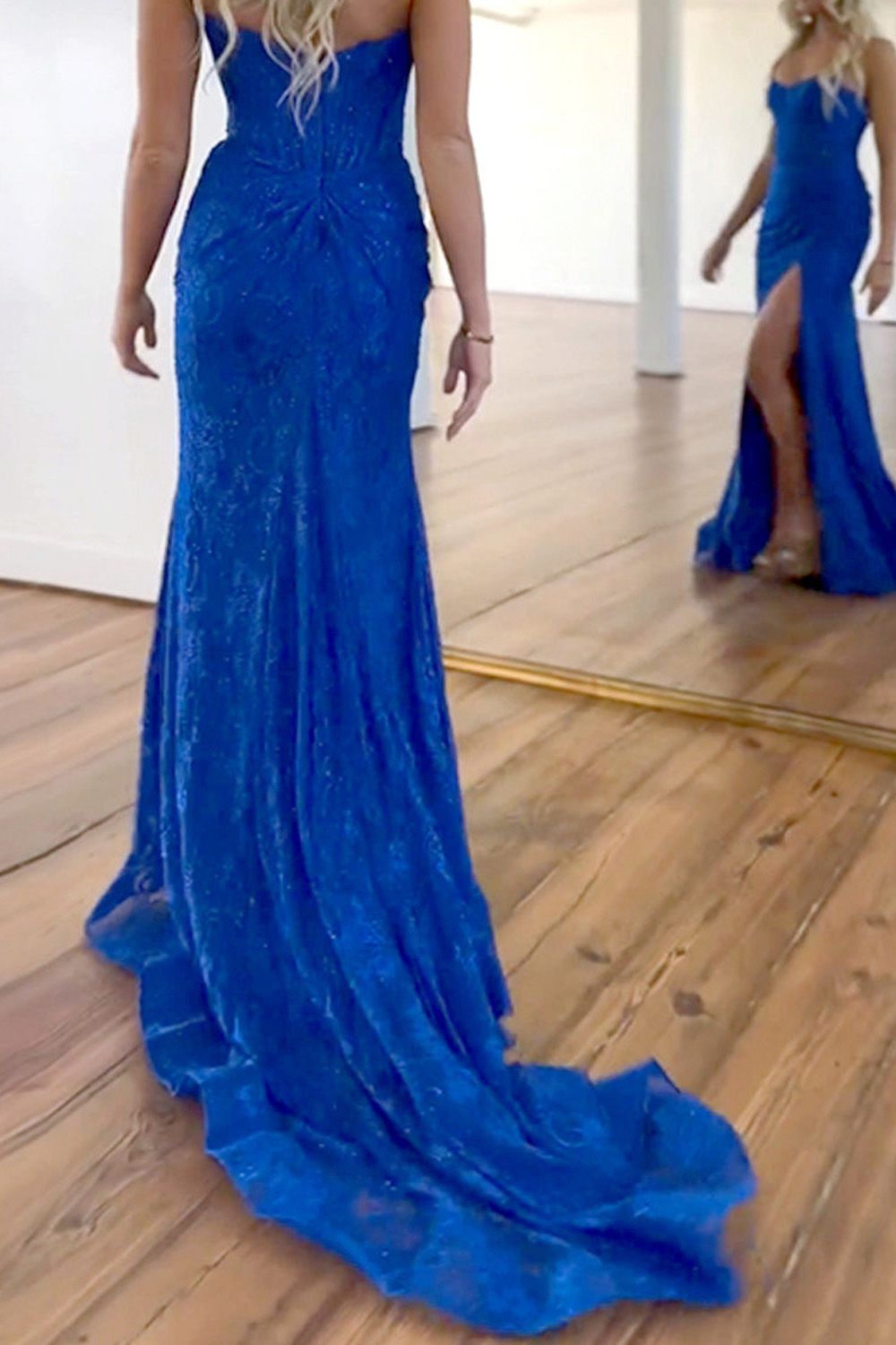 Gorgeous Royal Blue Mermaid Corset Strapless Long Prom Dress with Slit