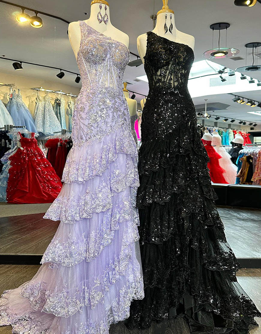 Sparkly Dark Red A-Line One Shoulder Long Tiered Prom Dress With Slit