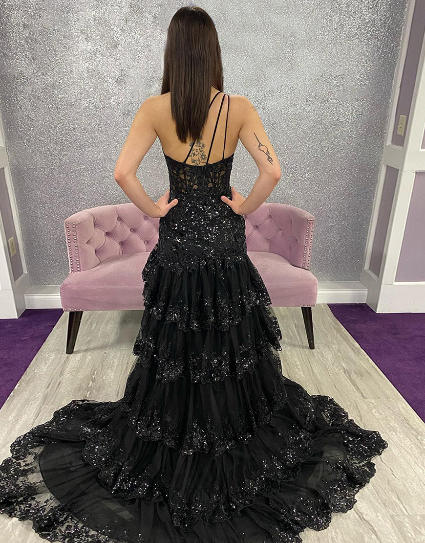 Sparkly Dark Red A-Line One Shoulder Long Tiered Prom Dress With Slit