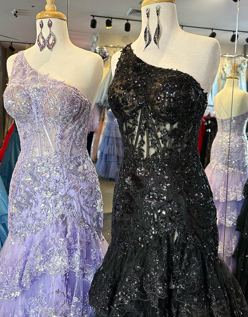 Sparkly Dark Red A-Line One Shoulder Long Tiered Prom Dress With Slit