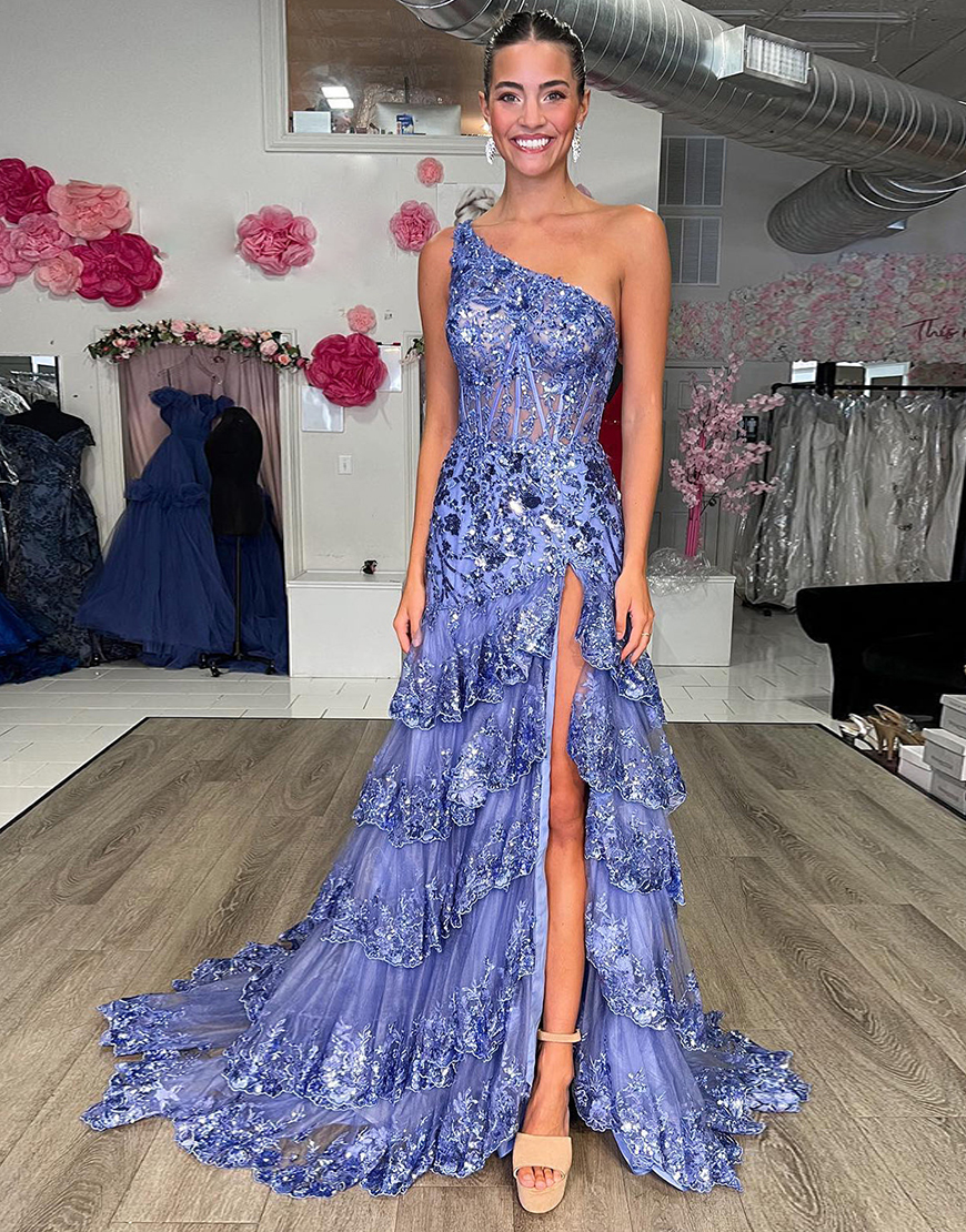 Sparkly Dark Red A-Line One Shoulder Long Tiered Prom Dress With Slit