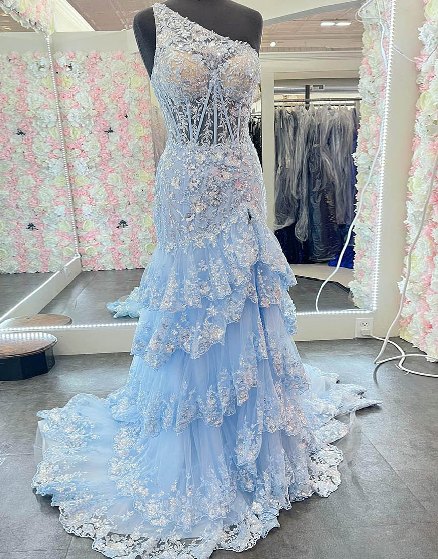 Sparkly Dark Red A-Line One Shoulder Long Tiered Prom Dress With Slit